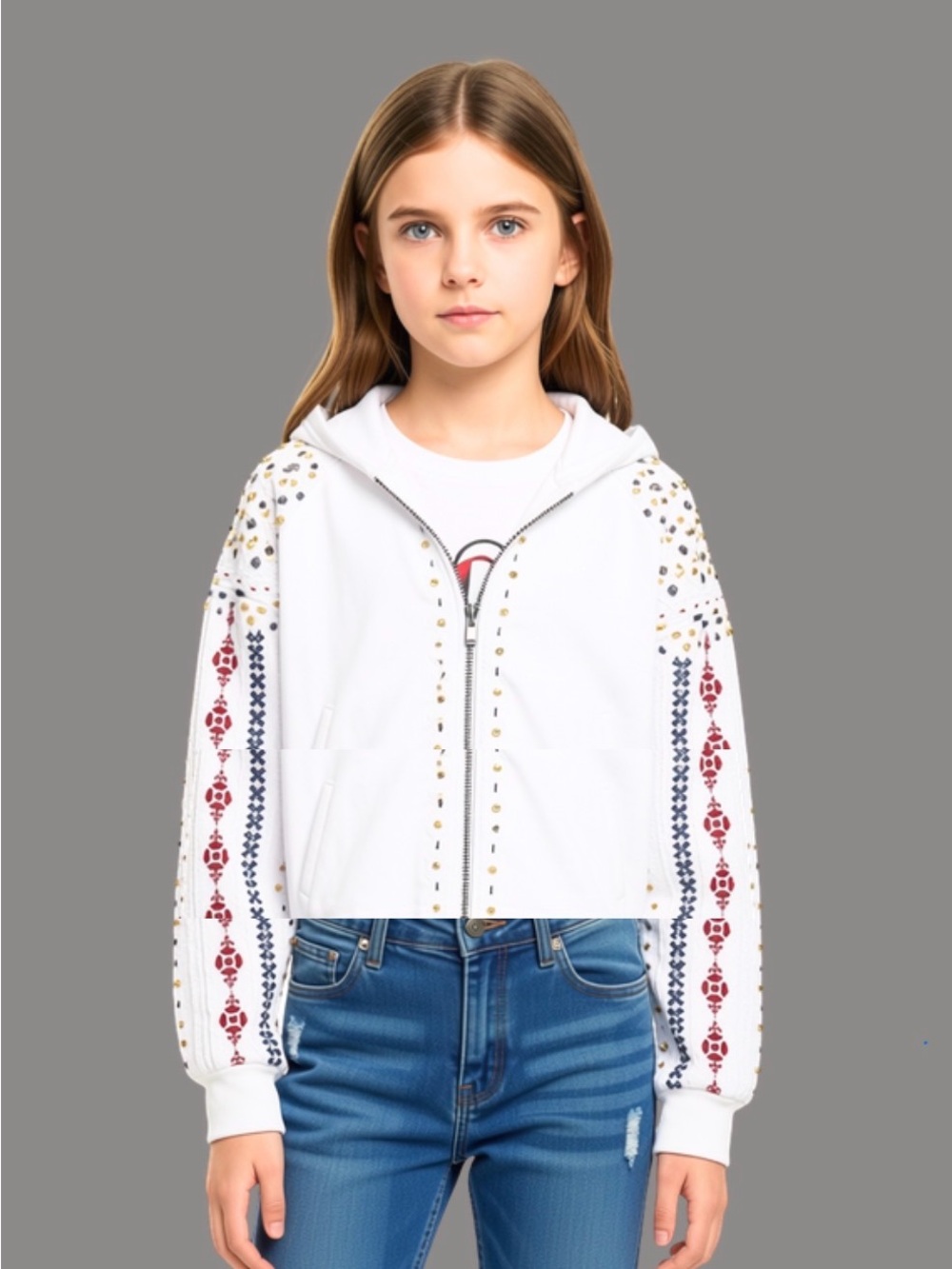 Miss Me Designer Kids / Juniors White Embroidered Zip Hoodie Jacket